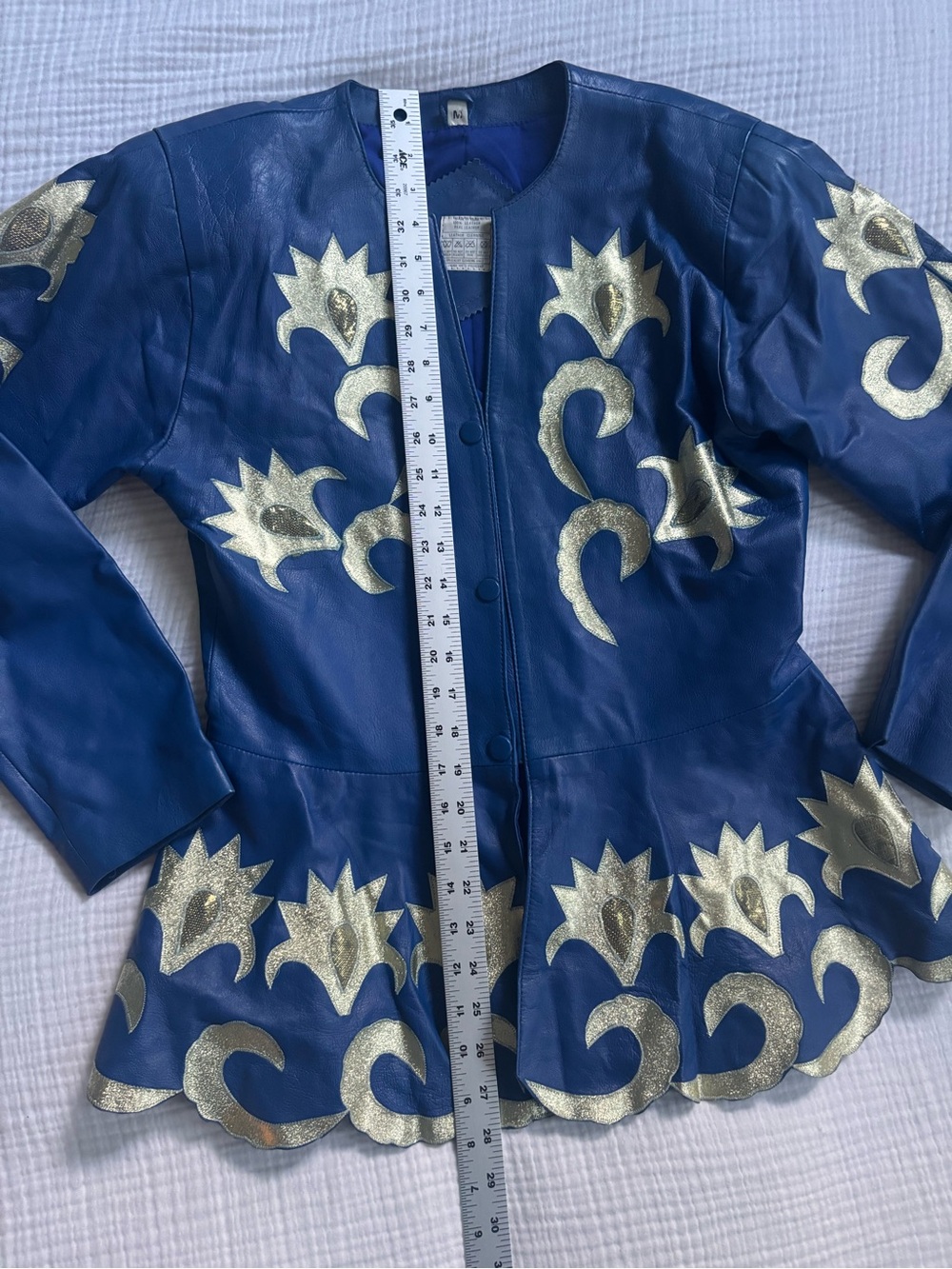 Vintage Blue Leather Skirt and Jacket Set with Gold Appliqué - Picture 6 of 16